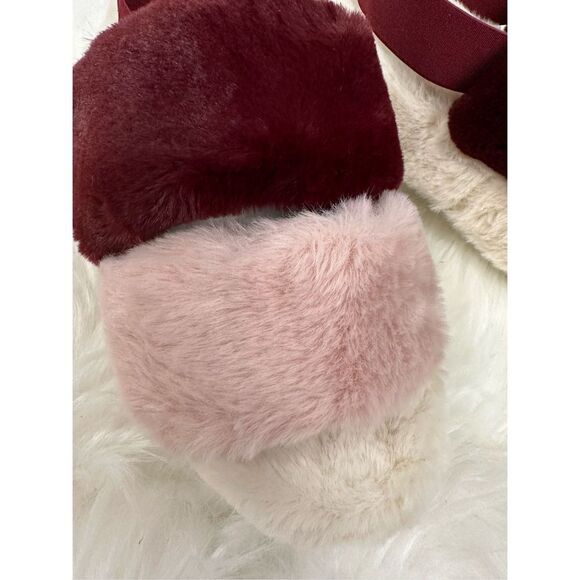 Jenni Intimates Women’s Slippers Faux Fur Striped Slides Pink, Cream & Burgundy - Picture 4 of 6